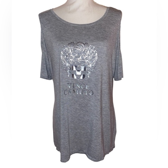 Vince Camuto Cold Shoulder Screen Printed Tee Shirt in Jersey Gray/Silver SZ LG - Picture 1 of 5